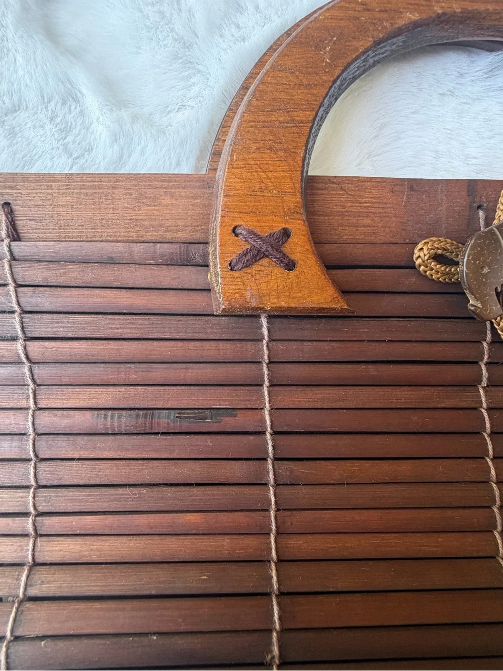 Vintage Handmade Bamboo Wooden Top Handle Boho Cottagecore Handbag